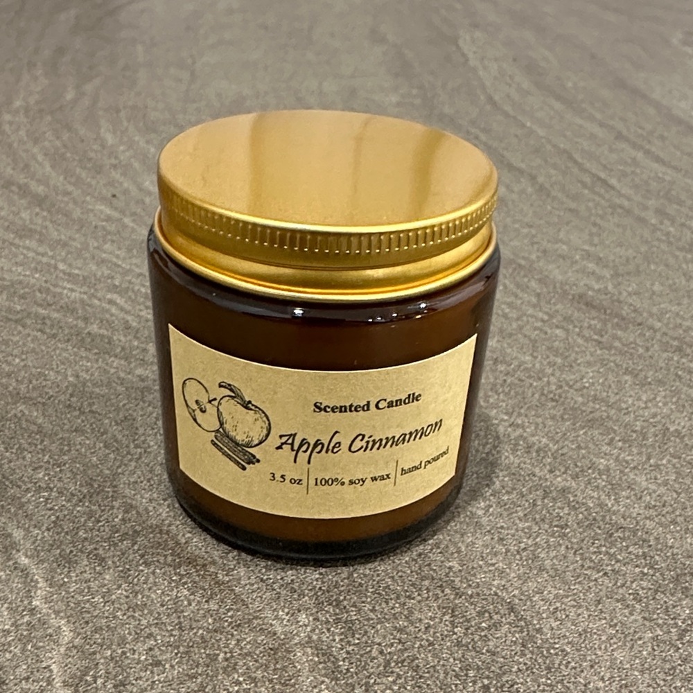 2 for $15 Apple Cinnamon Scented Soy Candle - Amber Glass Jar with Gold Lid